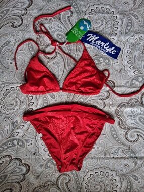 VINTAGE 90s Marlyle Liquid Metallic Bikini Set NWT Red 11/12